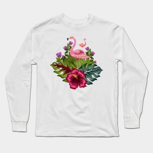 flamant rose fleurs tropicales Long Sleeve T-Shirt